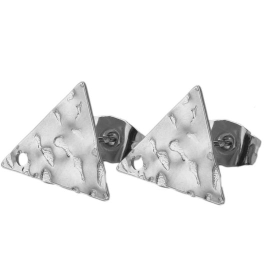 Imagen de 304 Acero Inoxidable Pendientes Triángulo Tono de Plata Realce Con Lazo 12mm Diámetro, Post/ Wire Size: (21 gauge), 5 Unidades