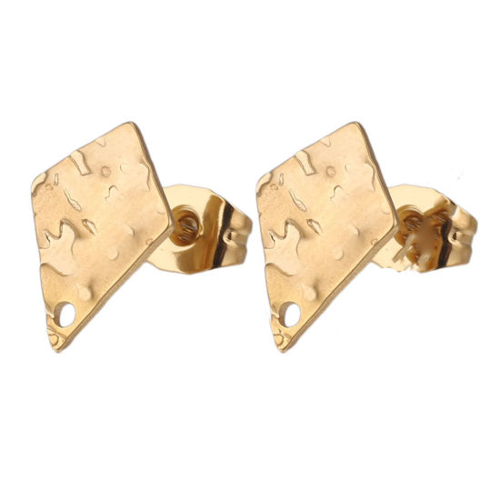 Imagen de 5 Unidades 304 Acero Inoxidable Pendientes Diamond Chapado en Oro de 18K Realce Con Lazo 12mm Diámetro, Post/ Wire Size: (21 gauge)