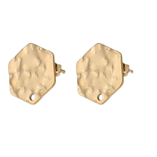Imagen de 5 Unidades 304 Acero Inoxidable Pendientes Hexágono Chapado en Oro de 18K Realce Con Lazo 12mm Diámetro, Post/ Wire Size: (21 gauge)