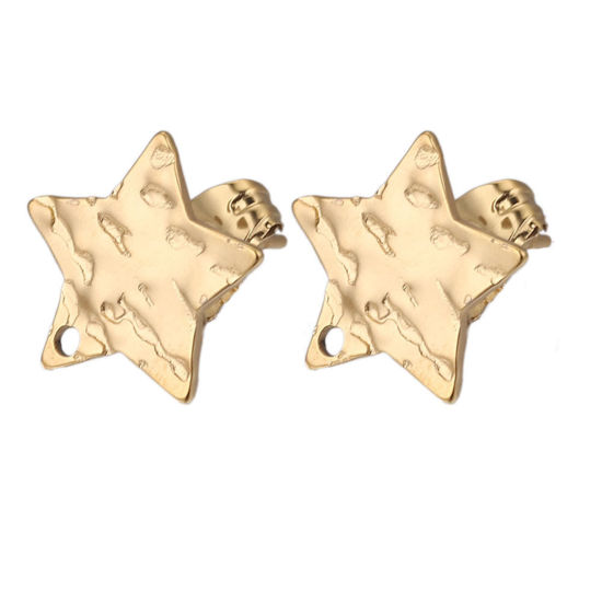 Imagen de 5 Unidades 304 Acero Inoxidable Pendientes Estrellas de cinco puntos Chapado en Oro de 18K Realce Con Lazo 12mm Diámetro, Post/ Wire Size: (21 gauge)