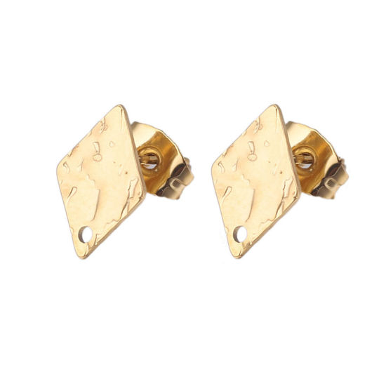 Imagen de 5 Unidades 304 Acero Inoxidable Pendientes Diamond Chapado en Oro de 18K Realce Con Lazo 12mm Diámetro, Post/ Wire Size: (21 gauge)