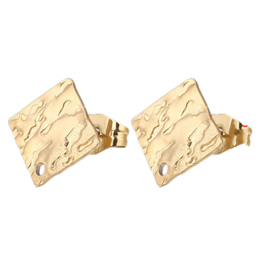 Imagen de 5 Unidades 304 Acero Inoxidable Pendientes Cuadrado Chapado en Oro de 18K Realce Con Lazo 12mm Diámetro, Post/ Wire Size: (21 gauge)