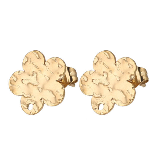 Imagen de 5 Unidades 304 Acero Inoxidable Pendientes Flor Chapado en Oro de 18K Realce Con Lazo 12mm Diámetro, Post/ Wire Size: (21 gauge)