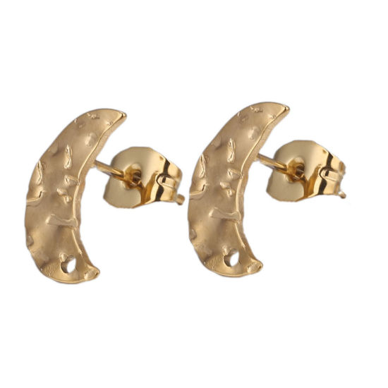 Imagen de 5 Unidades 304 Acero Inoxidable Pendientes Luna Media Chapado en Oro de 18K Realce Con Lazo 12mm Diámetro, Post/ Wire Size: (21 gauge)
