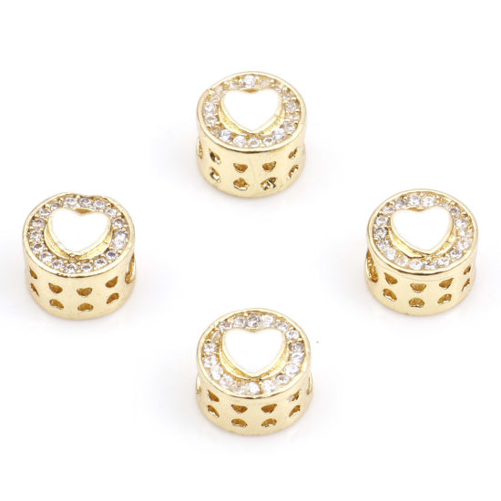 Picture of Brass Religious Spacer Beads Gold Plated White Flat Round Evil Eye Micro Pave Clear Cubic Zirconia 8mm Dia., Hole: Approx 3mm, 2 PCs                                                                                                                          