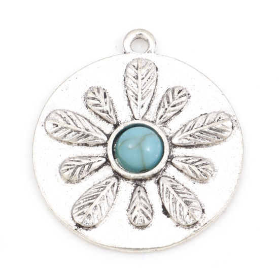 Picture of Zinc Based Alloy Boho Chic Bohemia Pendants Antique Silver Color Flower Leaves With Resin Cabochons Imitation Turquoise 3cm x 2.6cm, 5 PCs