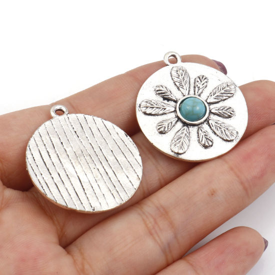 Picture of Zinc Based Alloy Boho Chic Bohemia Pendants Antique Silver Color Flower Leaves With Resin Cabochons Imitation Turquoise 3cm x 2.6cm, 5 PCs