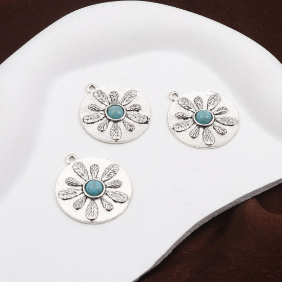 Picture of Zinc Based Alloy Boho Chic Bohemia Pendants Antique Silver Color Flower Leaves With Resin Cabochons Imitation Turquoise 3cm x 2.6cm, 5 PCs