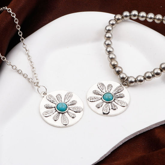 Picture of Zinc Based Alloy Boho Chic Bohemia Pendants Antique Silver Color Flower Leaves With Resin Cabochons Imitation Turquoise 3cm x 2.6cm, 5 PCs