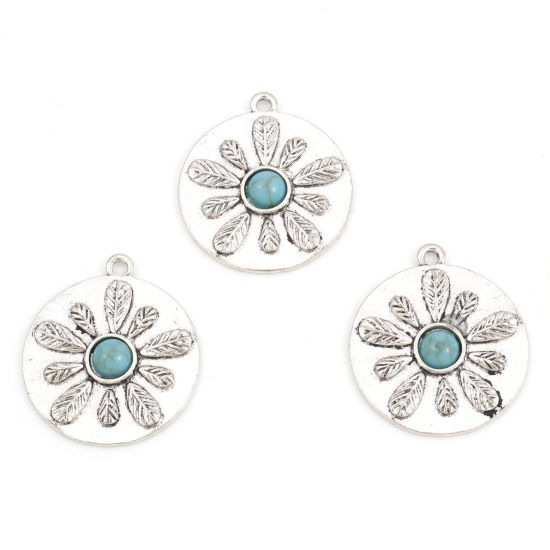 Picture of Zinc Based Alloy Boho Chic Bohemia Pendants Antique Silver Color Flower Leaves With Resin Cabochons Imitation Turquoise 3cm x 2.6cm, 5 PCs