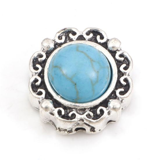 Immagine di Lega di Zinco Stile Bohemien Perline Argento Antico Intagliato Con Resina Cabochon Imitazione Turchese Circa 15mm Dia, Foro:Circa 1mm, 10 Pz