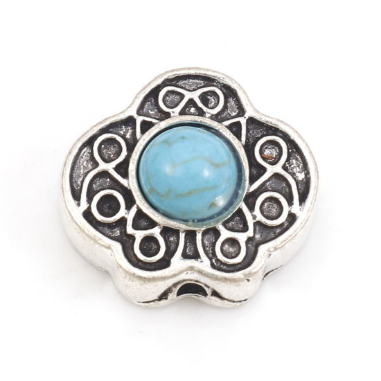 Immagine di Lega di Zinco Stile Bohemien Perline Argento Antico Intagliato Con Resina Cabochon Imitazione Turchese Circa 13.8mm x 12.6mm, Foro:Circa 1mm, 10 Pz