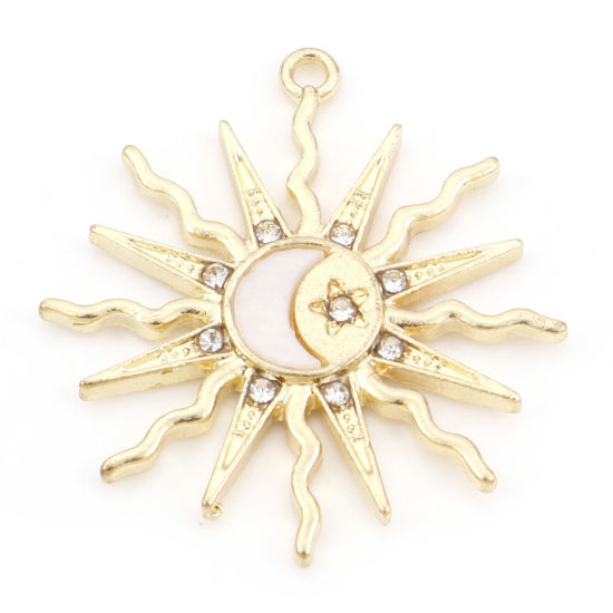 Imagen de Aleación de metal de Zinc + Acrílico Galaxia Colgantes Sol Chapado en Oro Luna Transparente Rhinestone 3cm x 2.6cm, 10 Unidades