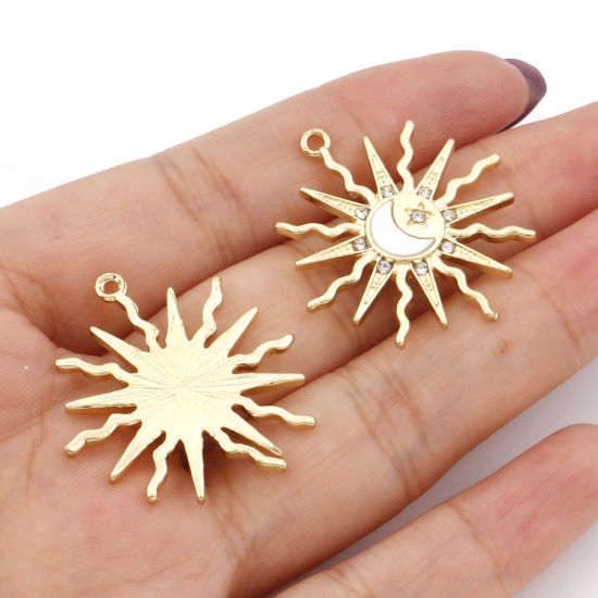 Imagen de Aleación de metal de Zinc + Acrílico Galaxia Colgantes Sol Chapado en Oro Luna Transparente Rhinestone 3cm x 2.6cm, 10 Unidades