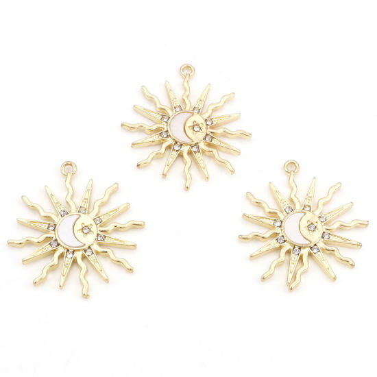 Imagen de Aleación de metal de Zinc + Acrílico Galaxia Colgantes Sol Chapado en Oro Luna Transparente Rhinestone 3cm x 2.6cm, 10 Unidades