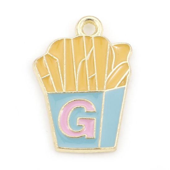 Immagine di Lega di Zinco Charms Patatine Fritte Oro Chiaro Giallo & Blu Cibo Smalto 24mm x 17mm , 20 Pz