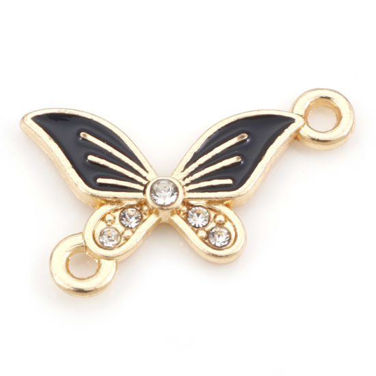 Bild von Zinklegierung Insekt Verbinder Schmetterling Vergoldet Schwarz Emaille, Transparent Strass 20mm x 13mm, 20 Stück
