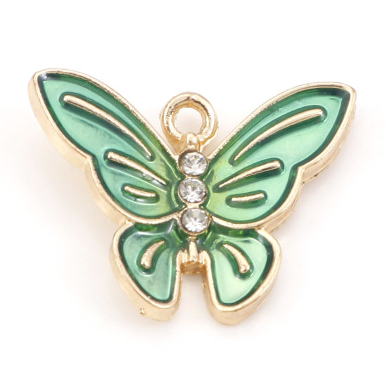 Immagine di Lega di Zinco Insetto Charms Farfalla Oro Placcato Verde Trasparente Strass Smalto 20mm x 16mm , 10 Pz