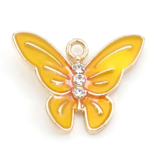 Immagine di Lega di Zinco Insetto Charms Farfalla Oro Placcato Giallo Trasparente Strass Smalto 20mm x 16mm , 10 Pz