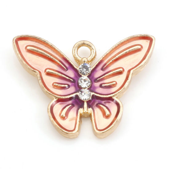 Immagine di Lega di Zinco Insetto Charms Farfalla Oro Placcato Rosa Trasparente Strass Smalto 20mm x 16mm , 10 Pz