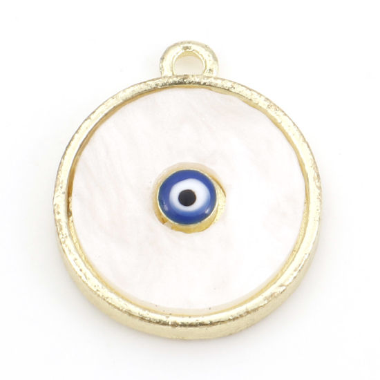 Picture of Zinc Based Alloy & Acrylic Religious Charms Light Golden Round Disc Evil Eye Enamel 17mm x 15mm, 20 PCs