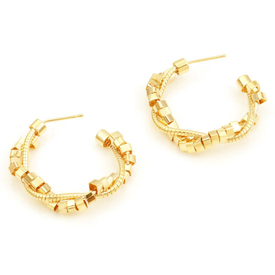 Picture of Brass Hoop Earrings 18K Real Gold Plated C Shape 31mm Dia., Post/ Wire Size: (21 gauge), 2 PCs