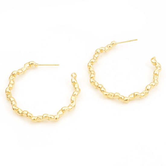 Picture of Brass Hoop Earrings 18K Real Gold Plated C Shape 36mm Dia., Post/ Wire Size: (21 gauge), 2 PCs