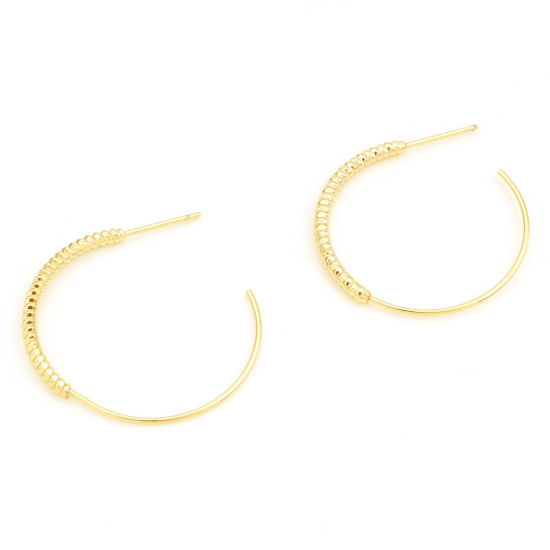 Picture of Brass Hoop Earrings 18K Real Gold Plated C Shape 29mm Dia., Post/ Wire Size: (21 gauge), 2 PCs