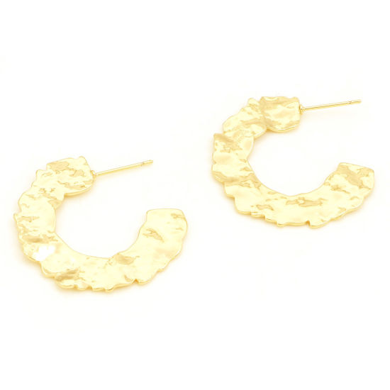 Picture of Brass Hoop Earrings 18K Real Gold Plated C Shape 3.3cm Dia., Post/ Wire Size: (21 gauge), 2 PCs