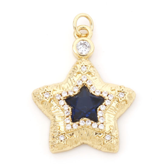 Bild von Messing Galaxis Charms 18K Echtgold plattiert Dunkelblau Pentagramm Stern Micro Pave Klar Zirkonia 24mm x 17mm, 1 Stück