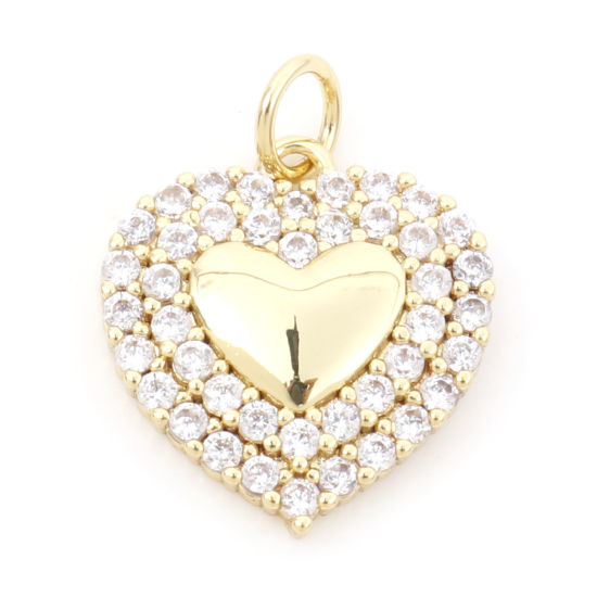 Picture of Brass Galaxy Charms 18K Real Gold Plated Heart Micro Pave Clear Cubic Zirconia 19mm x 15mm, 1 Piece