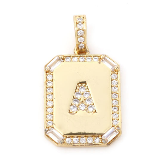 Picture of 1 Piece Brass Charm Pendant 18K Real Gold Plated Rectangle Initial Alphabet/ Capital Letter Message " A " Clear Cubic Zirconia 25mm x 14mm