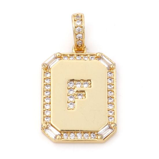 Picture of 1 Piece Brass Charm Pendant 18K Real Gold Plated Rectangle Initial Alphabet/ Capital Letter Message " F " Clear Cubic Zirconia 25mm x 14mm