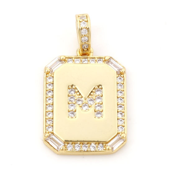 Picture of 1 Piece Brass Charm Pendant 18K Real Gold Plated Rectangle Initial Alphabet/ Capital Letter Message " M " Clear Cubic Zirconia 25mm x 14mm