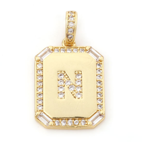 Picture of 1 Piece Brass Charm Pendant 18K Real Gold Plated Rectangle Initial Alphabet/ Capital Letter Message " N " Clear Cubic Zirconia 25mm x 14mm