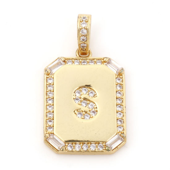 Picture of 1 Piece Brass Charm Pendant 18K Real Gold Plated Rectangle Initial Alphabet/ Capital Letter Message " S " Clear Cubic Zirconia 25mm x 14mm