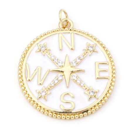 Picture of Brass Travel Pendants 18K Real Gold Plated White Round Disc Compass Enamel Clear Cubic Zirconia 3.1cm x 2.5cm, 1 Piece