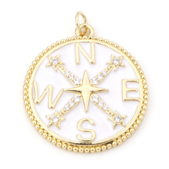 Picture of Brass Travel Pendants 18K Real Gold Plated White Round Compass Enamel Clear Cubic Zirconia 3.1cm x 2.5cm, 1 Piece                                                                                                                                             