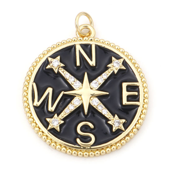 Picture of Brass Travel Pendants 18K Real Gold Plated Black Round Compass Enamel Clear Cubic Zirconia 3.1cm x 2.5cm, 1 Piece                                                                                                                                             