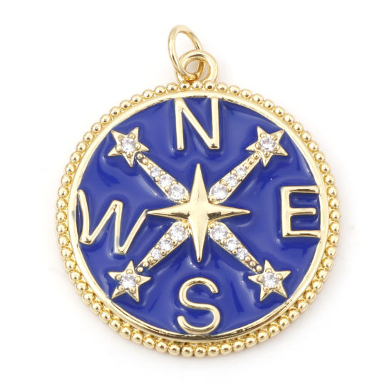 Picture of Brass Travel Pendants 18K Real Gold Plated Blue Round Compass Enamel Clear Cubic Zirconia 3.1cm x 2.5cm, 1 Piece                                                                                                                                              