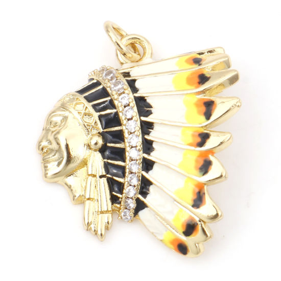 Picture of Brass Micro Pave Charms 18K Real Gold Plated Multicolor Indian Chief Enamel Clear Cubic Zirconia 27mm x 20.5mm, 1 Piece                                                                                                                                       