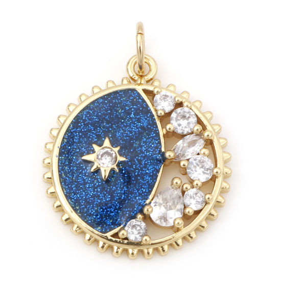 Picture of Brass Galaxy Charms 18K Real Gold Plated Dark Blue Round Moon Enamel Clear Cubic Zirconia 24mm x 18mm, 1 Piece                                                                                                                                                
