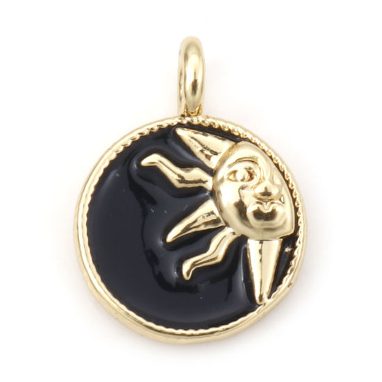 Picture of Brass Galaxy Charms 18K Real Gold Plated Black Round Sun Enamel 15mm x 11mm, 1 Piece                                                                                                                                                                          