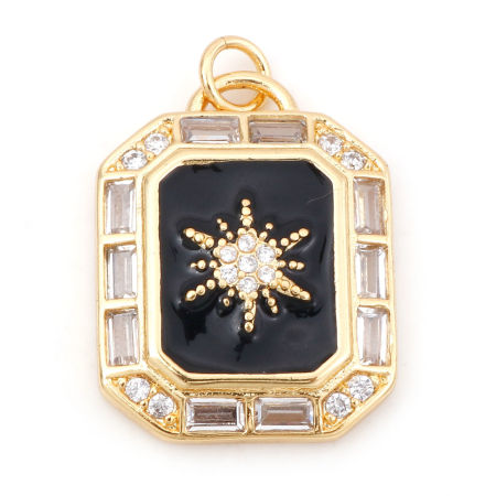 Picture of Brass Micro Pave Charms 18K Real Gold Plated Black Octagon Star Enamel Clear Cubic Zirconia 26mm x 18mm, 1 Piece
