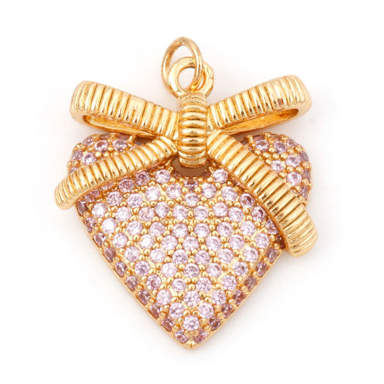 Picture of Brass Valentine's Day Charms 18K Real Gold Plated Heart Micro Pave Pink Cubic Zirconia 27mm x 22mm, 1 Piece