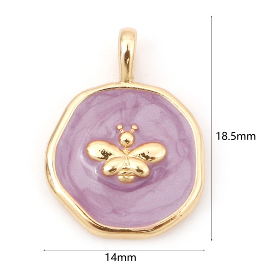 Image de Breloques Insecte en Laiton Irrégulier Plaqué Or Véritable 18K Violet Abeille Émail 18.5mm x 14mm, 1 Pièce