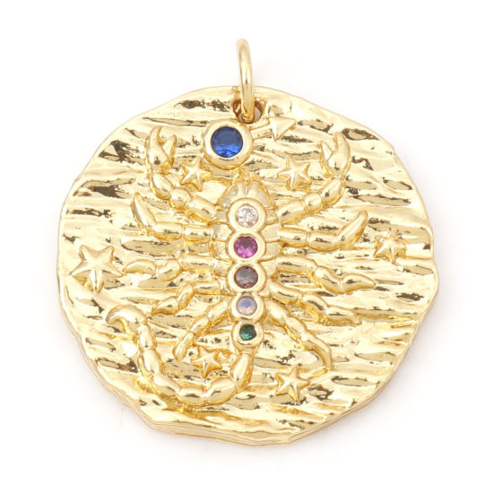 Изображение Латунь Бижутерия усыпанная мелким фианит Подвески Круглые 18K настоящее золото с покрытием Созвездие Скорпион Бижутерия усыпанная мелким фианит Разноцветный Искусственный Циркон 25мм x 21мм, 1 ШТ