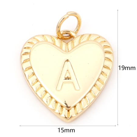 Picture of Brass Valentine's Day Charms 18K Real Gold Plated Heart Initial Alphabet/ Capital Letter Message " A " 19mm x 15mm, 1 Piece