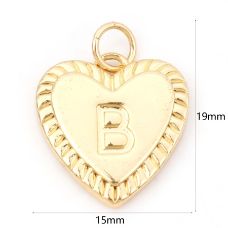 Picture of Brass Valentine's Day Charms 18K Real Gold Plated Heart Initial Alphabet/ Capital Letter Message " B " 19mm x 15mm, 1 Piece