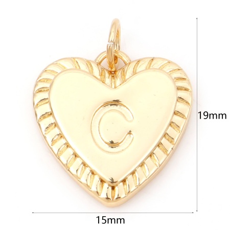 Picture of Brass Valentine's Day Charms 18K Real Gold Plated Heart Initial Alphabet/ Capital Letter Message " C " 19mm x 15mm, 1 Piece